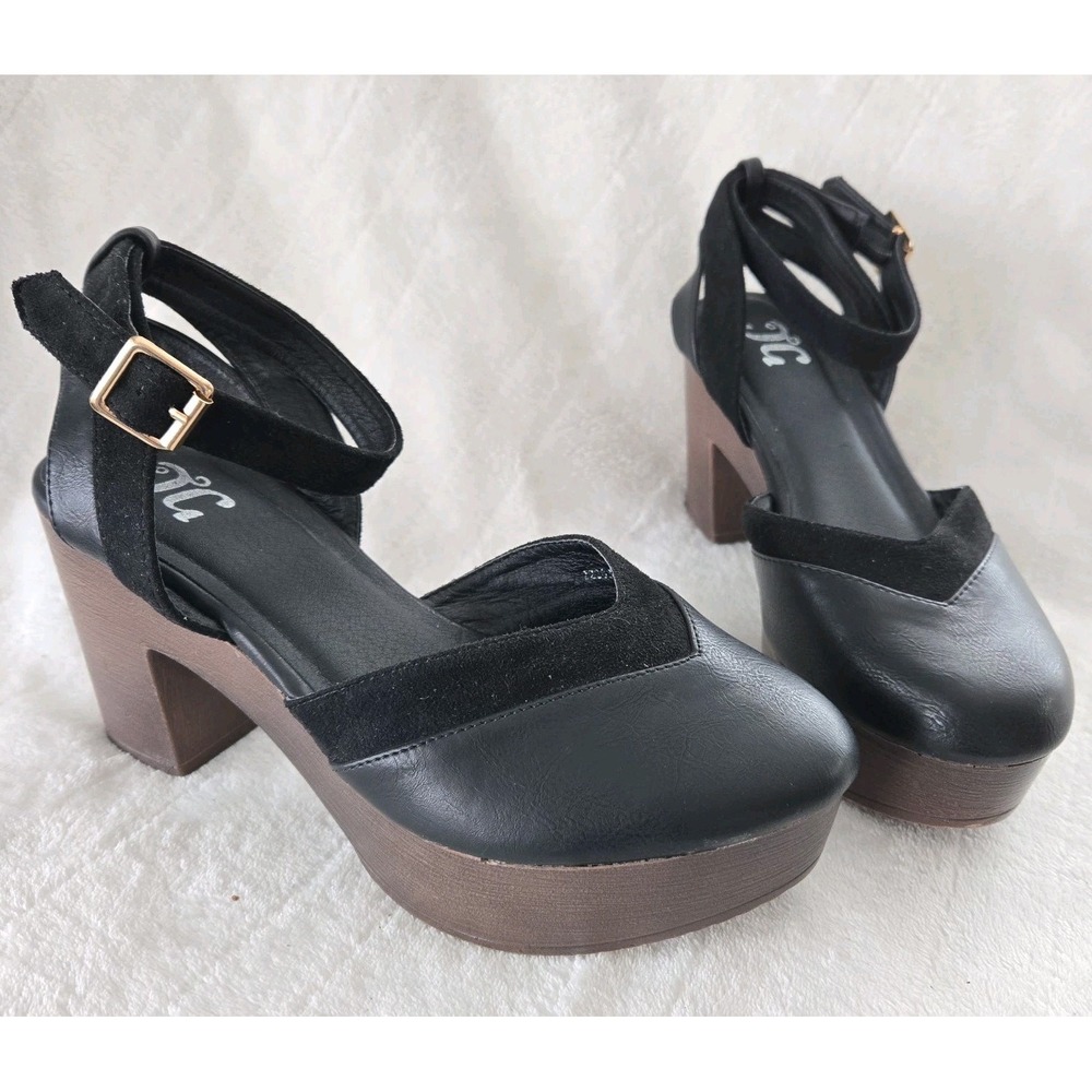 JG‎ Mary Jane Platform Sz 7 Chunky Heel Y2K Black Ankle Strap Preppy Holiday